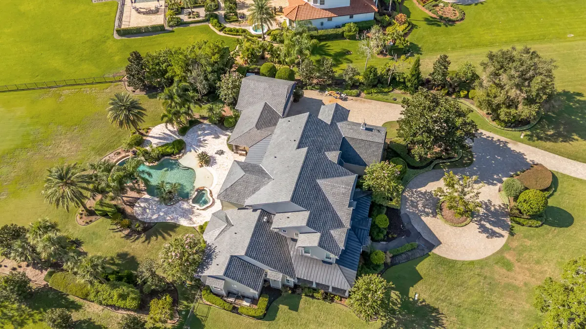 Aerial view of a finished residential roof